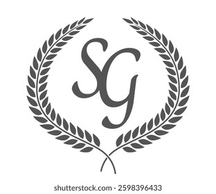 Initial letter S and G, SG monogram logo design with laurel wreath. Luxury calligraphy font.