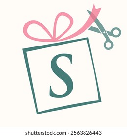 Initial Letter S Gift Box Logo Design Concept With Ribbon and Scissors Symbol For Weeding and Birthday Gift Sign