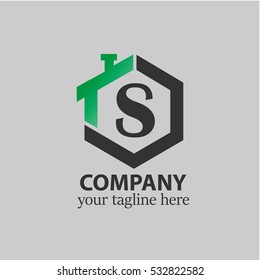 Initial letter S green black logo in the middle of vector home design icon with hexagonal shape, good logo for company, corporate, property, construction, real estate company/corporate