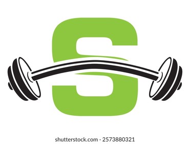 Initial Letter S Gym Logo Design Concept With Straight and Curved Barbell Symbol. Fitness Sign, Bodybuilding, Workout Vector