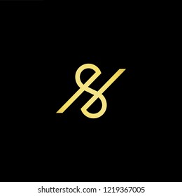 Initial letter S H SH HS minimalist art logo, gold color on black background.