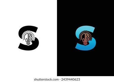 Initial letter S half of light bulb and brain isolated on white background. Letter S brain bulb logo vector design template.