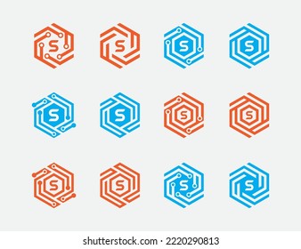 initial Letter S Hexagon Tech Monogram Logo Bundle Set Concept icon sign symbol Element Design. Technology Logotype. Vector illustration template