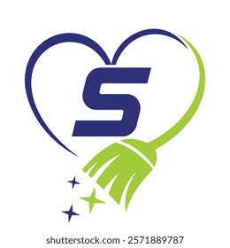 Initial Letter S House Clean Logo Concept With Cleaning Brush and Heart Symbol. Broom Sign