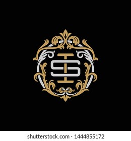 Initial letter S and I, SI, IS, decorative ornament emblem badge, overlapping monogram logo, elegant luxury silver gold color on black background