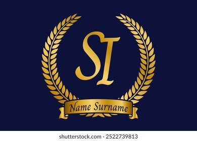 Initial letter S and I, SI monogram logo design with laurel wreath. Luxury golden calligraphy font.