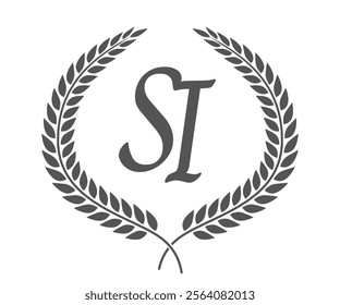 Initial letter S and I, SI monogram logo design with laurel wreath. Luxury calligraphy font.