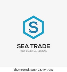 Initial letter S inside Hexagon with arrow shape. Modern blue logo template for business or finance.