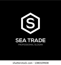 Initial letter S inside Hexagon with arrow shape. Modern white logo template for business or finance.