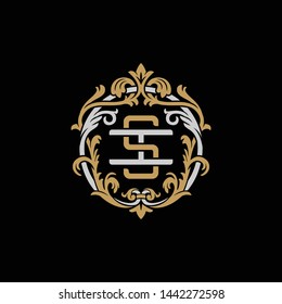 Initial letter I and S, IS, SI, decorative ornament emblem badge, overlapping monogram logo, elegant luxury silver gold color on black background