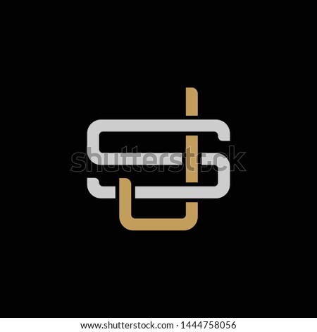 Initial letter S and J, SJ, JS, overlapping interlock logo, monogram line art style, silver gold on black background