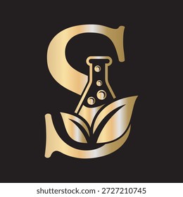 Initial letter S laboratory logo design combine with test tube and leaf symbol