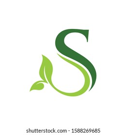 Initial Letter S With Leaf Luxury Logo. Green leaf logo Template vector Design.
