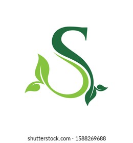 Initial Letter S With Leaf Luxury Logo. Green leaf logo Template vector Design.
