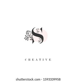initial letter S logo with hand drawn flower element. design vector illustration symbol template