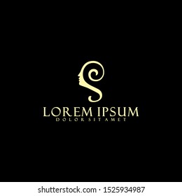 Initial letter S logo template with woman beauty face and cursive line art symbol in flat design monogram illustration