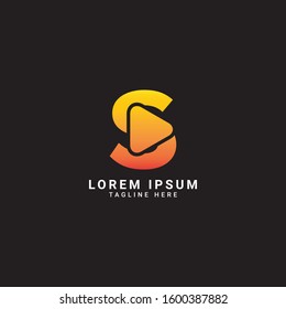 Initial letter S logo template with play button icon in flat design monogram illustration