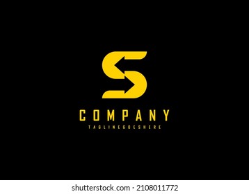 Initial Letter S Logo. Yellow  Shape With Negative Space  Arrow Inside Isolated On Black Background. Use For Business And Branding Logos. Flat Vector Logo Design Template Element.