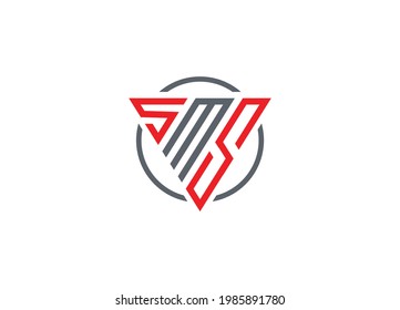 Letra inicial S M S triángulo monograma logotipo moderno rojo y gris
