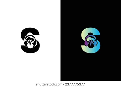 Logo De La Letra Inicial S. Plantilla de vectores de iconos con logotipo de auriculares con logotipo de música de la letra S.