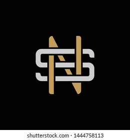Initial letter S and N, SN, NS, overlapping interlock logo, monogram line art style, silver gold on black background