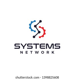 initial letter S with network connection and gear logo design