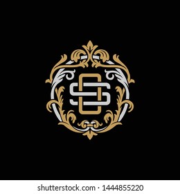 Initial letter S and O, SO, OS, decorative ornament emblem badge, overlapping monogram logo, elegant luxury silver gold color on black background