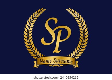 Initial letter S and P, SP monogram logo design with laurel wreath. Luxury golden emblem with calligraphy font.