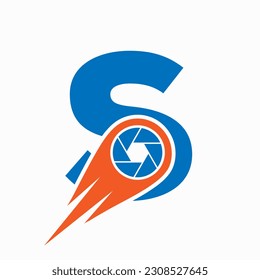 Concepto de lente de cámara con logotipo de fotografía de la letra inicial S. Plantilla de símbolo de fotografía