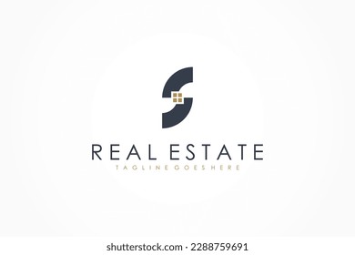 Initial Letter S Real Estate Logo. Black Shape S Letter with Gold Window inside isolated on White Background. Flat Vector Logo Design Template Element for Construction Architecture Building Logos.