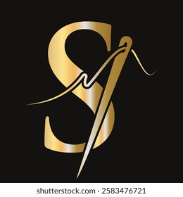 Initial Letter S Sewing Needle Logo Design for Embroider, Textile, Fashion, Cloth, Fabric Symbol