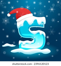 Initial Letter S with snowflake and Santa hat element, snow lettering template vector illustration. Alphabet with snow vector template.  Winter text vector usable for New Year or Christmas.