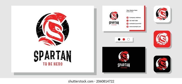 Initial Letter S Spartan Head Helmet Warrior Greek Ancient Knight logo design inspiration with Layout Template Business Card