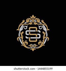 Initial letter S and S, SS, decorative ornament emblem badge, overlapping monogram logo, elegant luxury silver gold color on black background