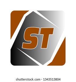 Initial Letter S and T Logo Icon With Black White and Brown Square Shape. Material Design Logo