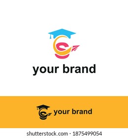 Initial letter s with toga hat graduation gown and paper plane flying around for education academy logo concept