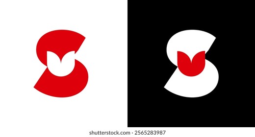 Initial letter S tulip love heart book logo template black white red	
