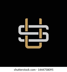 Initial letter S and U, SU, US, overlapping interlock logo, monogram line art style, silver gold on black background