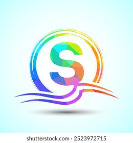 Initial letter S with water ocean waves and the sun. Beach logo design concept