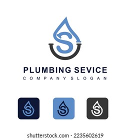 Initial Letter S with Water Shape Icon for Plumbing Service Business Logo Design Template