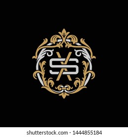 Initial letter S and X, SX, XS, decorative ornament emblem badge, overlapping monogram logo, elegant luxury silver gold color on black background