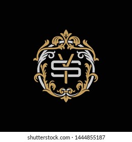 Initial letter S and Y, SY, YS, decorative ornament emblem badge, overlapping monogram logo, elegant luxury silver gold color on black background