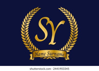 Letra inicial S e Y, diseño del logotipo del monograma de SY con corona de laurel. Fuente de caligrafía dorada de lujo.