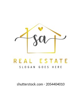 Urschrift SA Kalligrafie handgeschriebenes Logo-Konzept für Immobilien. Handgeschriebenes Alphabet in der Logo-Vorlage. Buchstaben und Alphabet für Ihr Logo-Design.
