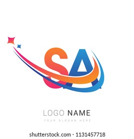 initial letter SA logotype company name colored orange, red and blue swoosh star design. vector logo for business and company identity.