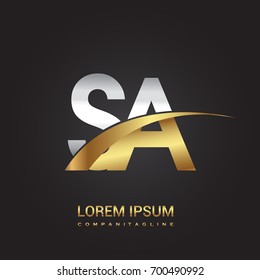 initial letter SA logotype company name colored gold and silver swoosh design. isolated on black background.