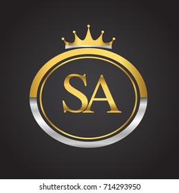 initial letter SA logotype company name with oval shape and crown, gold and silver color. vector logo for business and company identity.