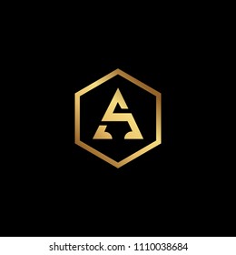 Initial letter SA AS minimalist art hexagon shape logo, gold color on black background