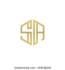 Initial letter SA, minimalist line art hexagon shape logo, gold color