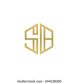 Initial letter SB, minimalist line art hexagon shape logo, gold color